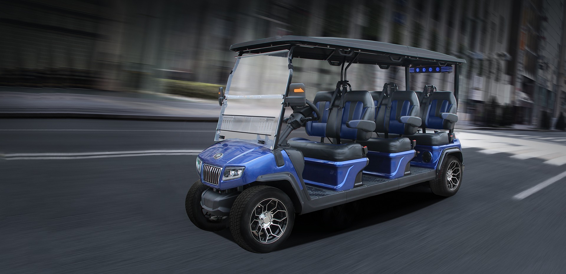 HDK D5 electric golf cart shown from the front with a spacious passenger cabin